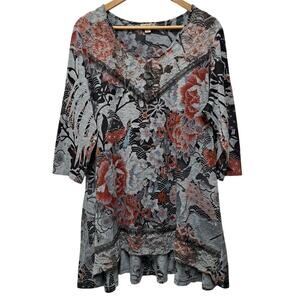 One World Tunic Blouse Womens 2X Grey Floral Sweater Knit 3/4 Sleeve Shirt Boho